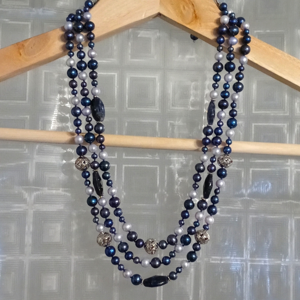 3 Strand Pearl and Sodalite Necklace